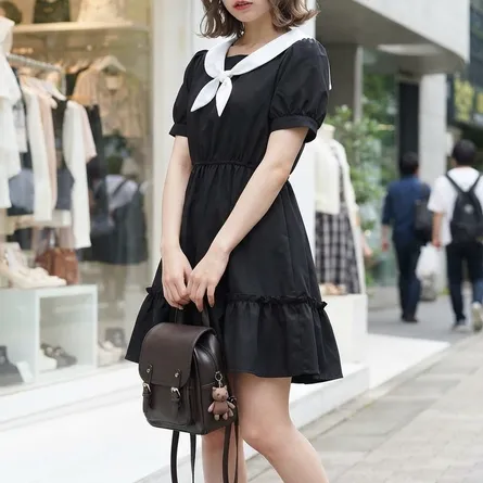 Japanese Harajuku-Inspired Sailor-Collar Babydoll Dress - Black with White Trim