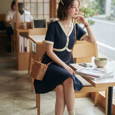 Elegant Contrast-Trim Mini Dress - Image 3
