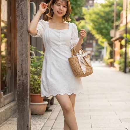 Product Description: Sakura Embroidered Eyelet Puff Sleeve Mini Dress