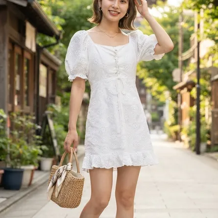 Product Description: Sakura Embroidered Eyelet Puff Sleeve Mini Dress - Image 3