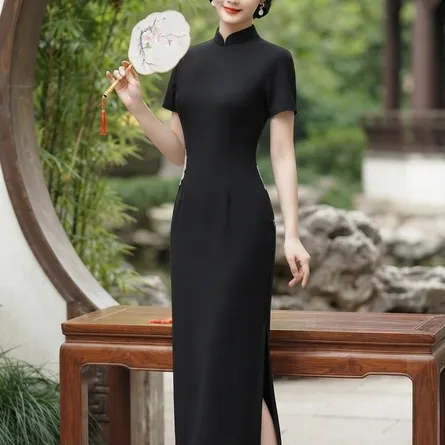 Elegant Black Silk Cheongsam with Floral Embroidery Details - Image 4