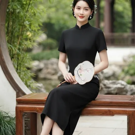 Elegant Black Silk Cheongsam with Floral Embroidery Details - Image 3