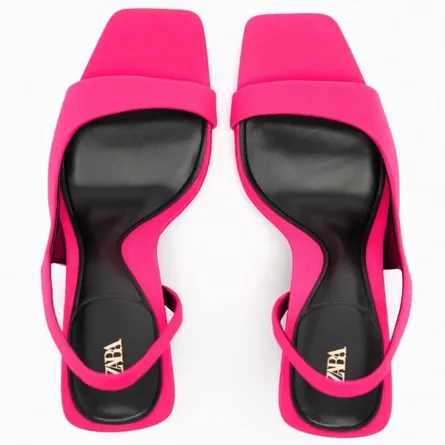 ZARA Fuchsia Suede Square-Toe Slingback Heels - Image 4