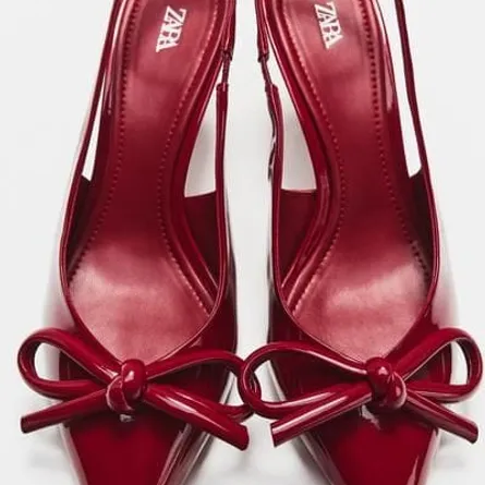 ZARA Pointed Toe Patent Slingback Heels with Bow Detail - Red - Image 3