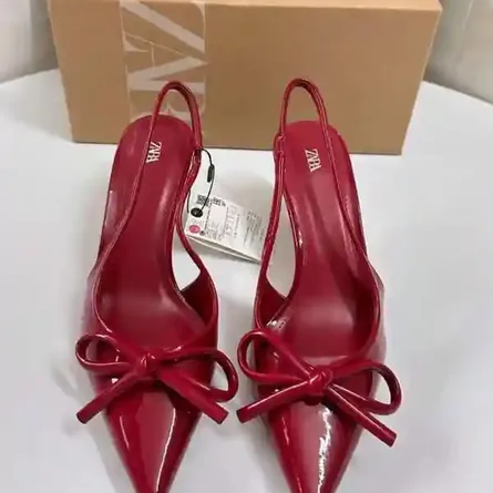 ZARA Pointed Toe Patent Slingback Heels with Bow Detail - Red