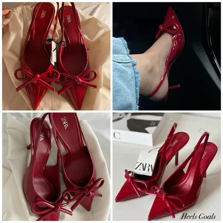 ZARA Pointed Toe Patent Slingback Heels with Bow Detail - Red - Image 5