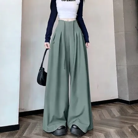 Women's High-Waisted Pleated Wide-Leg Trousers with Self-Tie Waist - Image 3