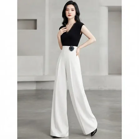Elegant High-Waist Wide-Leg Trousers with Floral Brooch Detai - Image 7