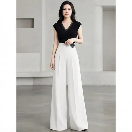 Elegant High-Waist Wide-Leg Trousers with Floral Brooch Detai - Image 6