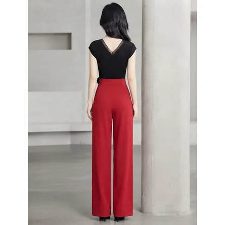Elegant High-Waist Wide-Leg Trousers with Floral Brooch Detai - Image 5