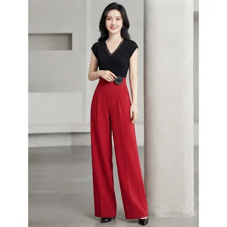 Elegant High-Waist Wide-Leg Trousers with Floral Brooch Detai - Image 4