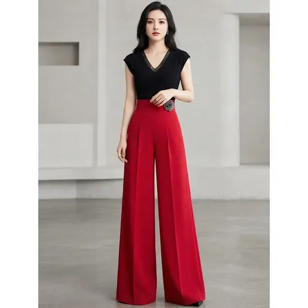 Elegant High-Waist Wide-Leg Trousers with Floral Brooch Detai - Image 3
