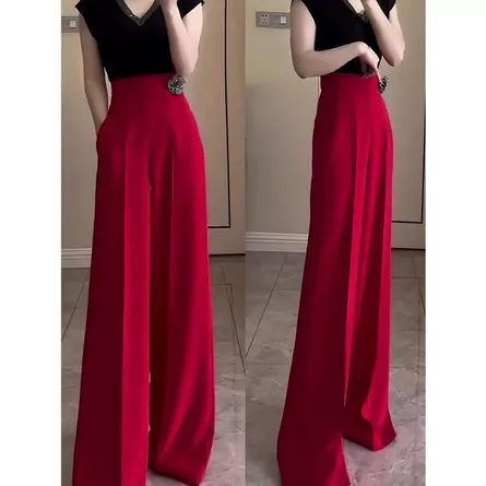 Elegant High-Waist Wide-Leg Trousers with Floral Brooch Detai