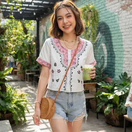 Boho-Chic Embroidered Short-Sleeve Top - Image 1