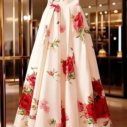 Elegant A-Line Maxi Skirt with Vibrant Red Rose Print - Image 5