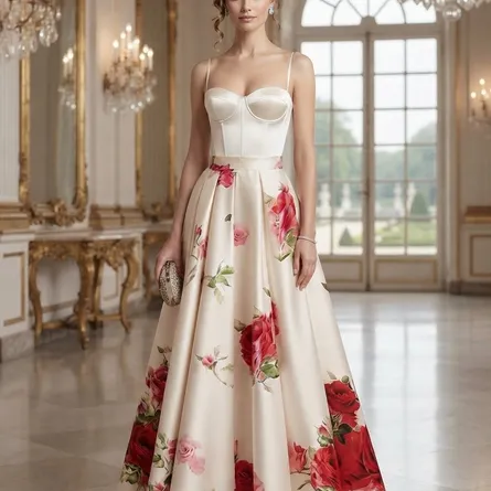 Elegant A-Line Maxi Skirt with Vibrant Red Rose Print