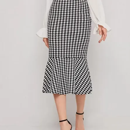 Elegant Houndstooth Mermaid Hem Skirt