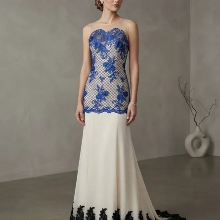 Stunning Blue and Ivory Evening Gown - Image 1