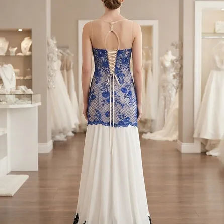 Stunning Blue and Ivory Evening Gown - Image 3