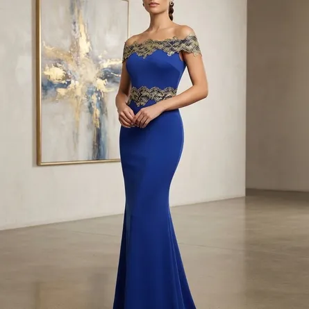 Exquisite Royal Blue Off-the-Shoulder Mermaid Gown with Sheer Bodice and Gold Lace - Image 3