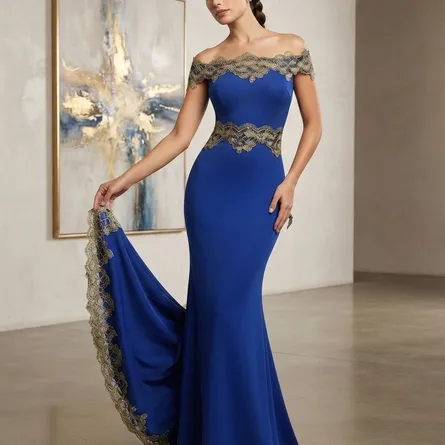Exquisite Royal Blue Off-the-Shoulder Mermaid Gown with Sheer Bodice and Gold Lace - Image 4