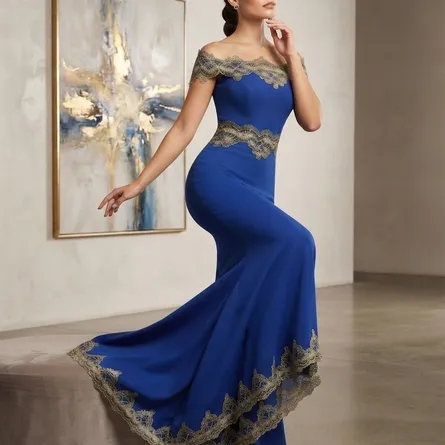 Exquisite Royal Blue Off-the-Shoulder Mermaid Gown with Sheer Bodice and Gold Lace - Image 5