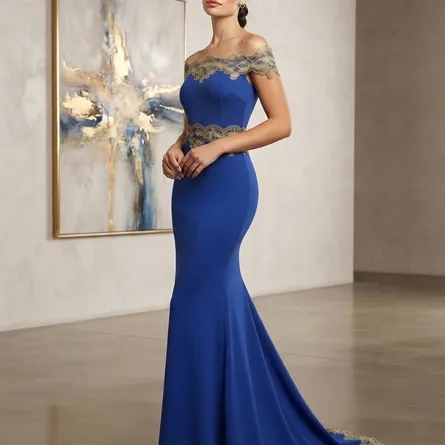 Exquisite Royal Blue Off-the-Shoulder Mermaid Gown with Sheer Bodice and Gold Lace