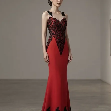 Elegant Red & Black Illusion-Bodice Mermaid Gown - Image 4