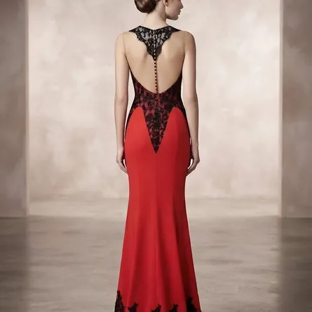 Elegant Red & Black Illusion-Bodice Mermaid Gown - Image 5