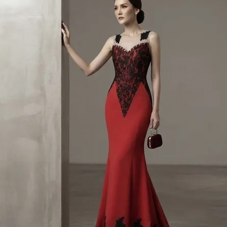 Elegant Red & Black Illusion-Bodice Mermaid Gown - Image 3