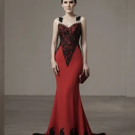 Elegant Red & Black Illusion-Bodice Mermaid Gown