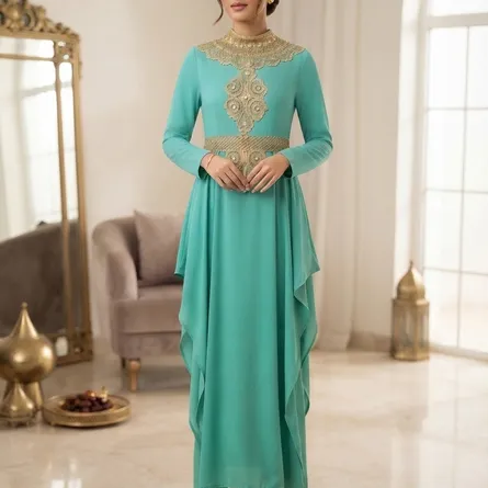 Elegant Mint Green Embroidered Maxi Dress / Kaftan