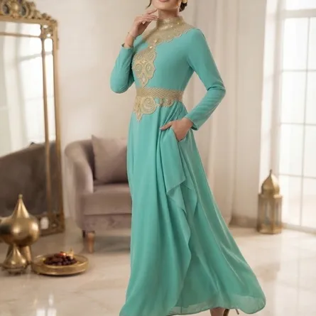 Elegant Mint Green Embroidered Maxi Dress / Kaftan - Image 3