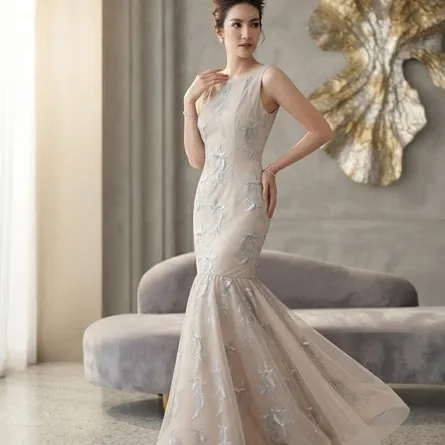 Elegant Floral Embroidered Mermaid Evening Dress - Image 3