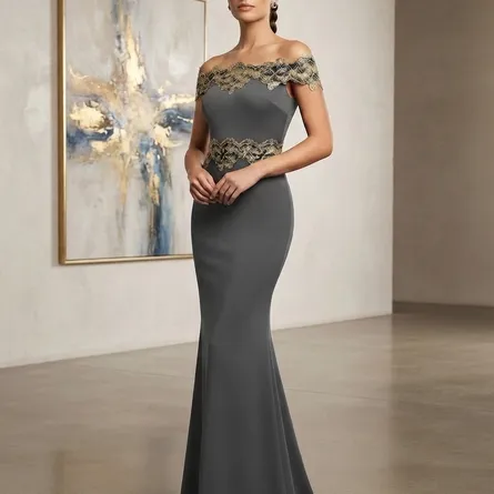 Elegant Off-Shoulder Mermaid Maxi Dress with Gold Lace Trim - Image 5