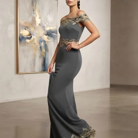 Elegant Off-Shoulder Mermaid Maxi Dress with Gold Lace Trim - Image 4