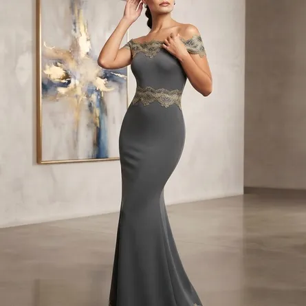 Elegant Off-Shoulder Mermaid Maxi Dress with Gold Lace Trim - Image 3