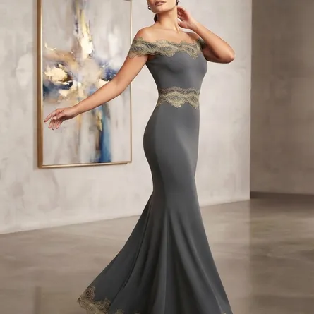 Elegant Off-Shoulder Mermaid Maxi Dress with Gold Lace Trim
