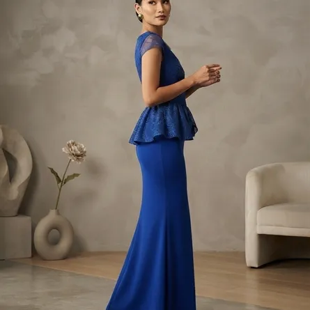 Royal Blue Lace Peplum Evening Maxi Dress - Image 4