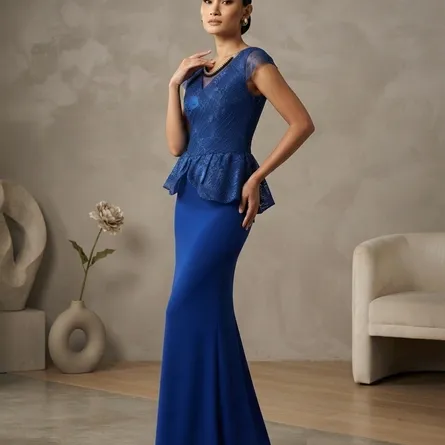 Royal Blue Lace Peplum Evening Maxi Dress