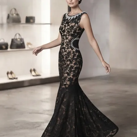 Elegance Noir: Beaded Neckline & Lace Mermaid Evening Gown - Image 3
