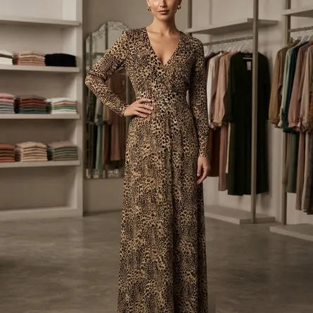Women’s Elegant Leopard Print Long Sleeve Wrap Maxi Dress