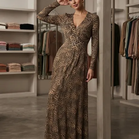 Women’s Elegant Leopard Print Long Sleeve Wrap Maxi Dress - Image 3