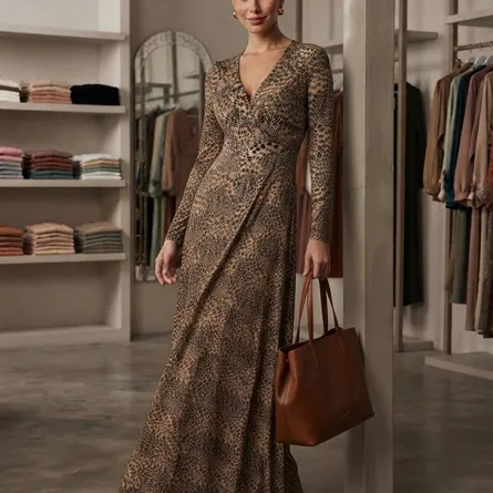 Women’s Elegant Leopard Print Long Sleeve Wrap Maxi Dress - Image 4