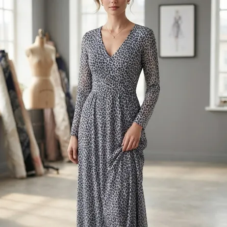 Elegant Grey Leopard Print Long-Sleeve Maxi Dress