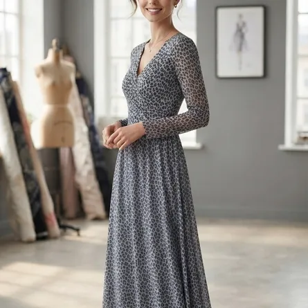 Elegant Grey Leopard Print Long-Sleeve Maxi Dress - Image 3