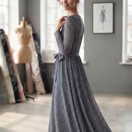 Elegant Grey Leopard Print Long-Sleeve Maxi Dress - Image 4