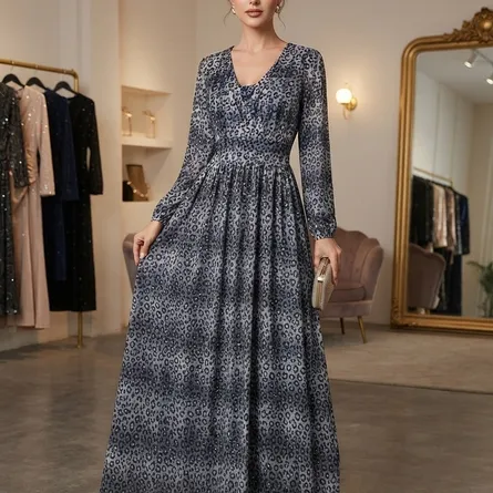 Glamorous Leopard Print Metallic Shimmer Long-Sleeve Maxi Dress