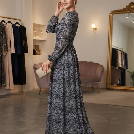 Glamorous Leopard Print Metallic Shimmer Long-Sleeve Maxi Dress - Image 3