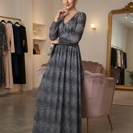 Glamorous Leopard Print Metallic Shimmer Long-Sleeve Maxi Dress - Image 4